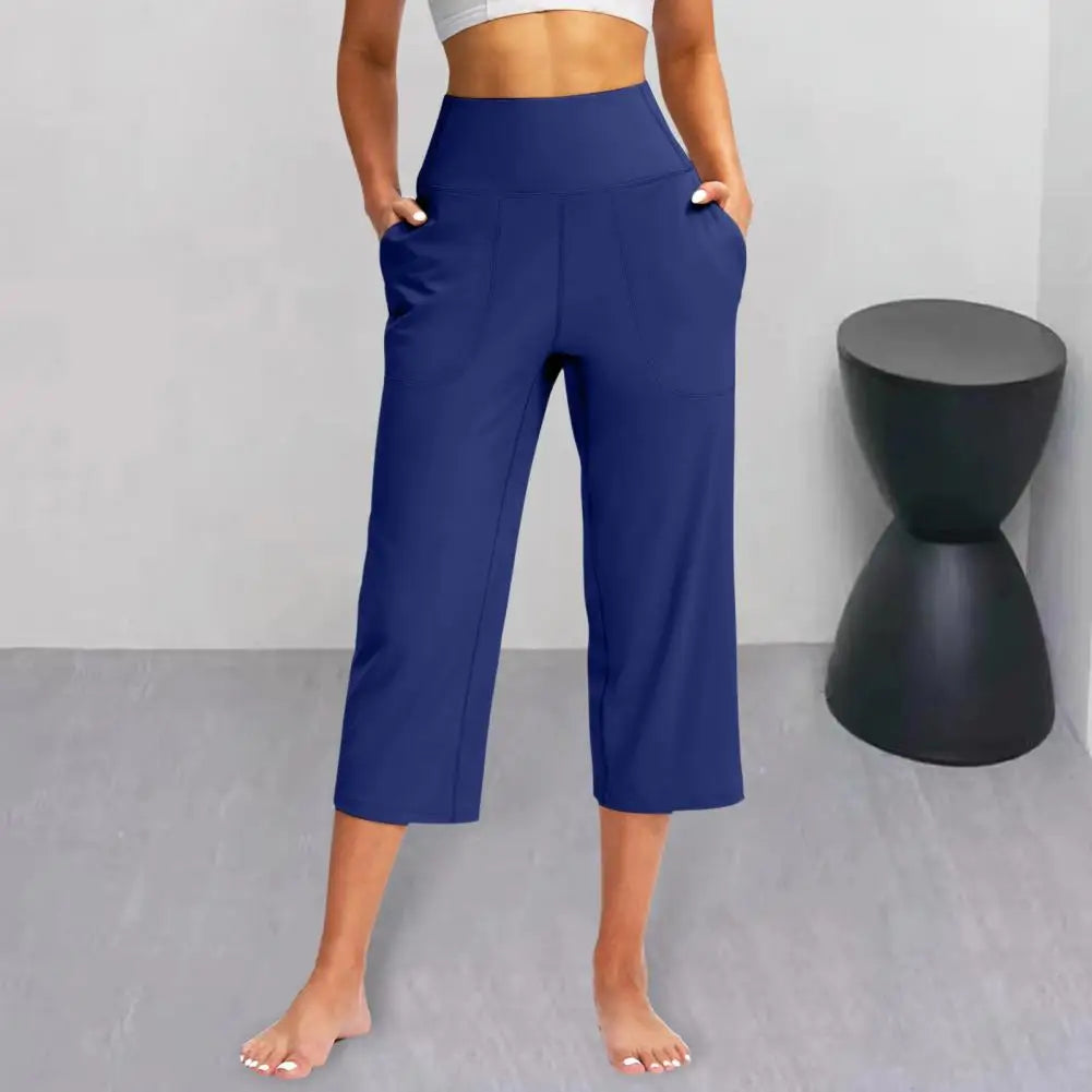 Pantacourt Élastique Taille Haute pour Femmes Coupe Ample Décontractée Jambe Large avec Poches Pantalon pour Femmes