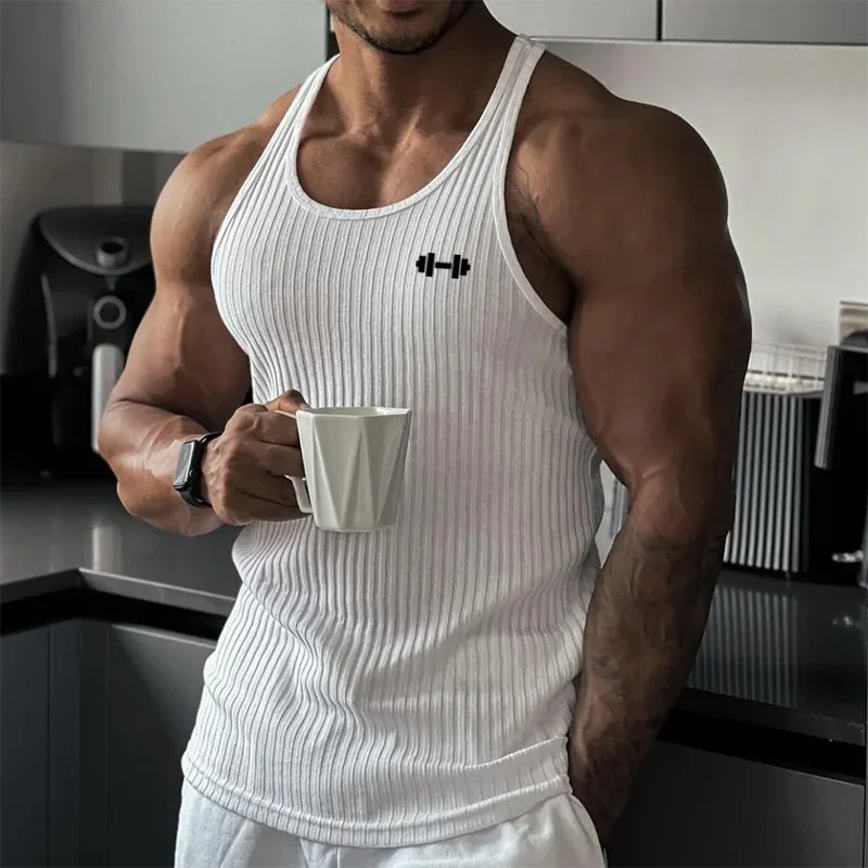 Débardeurs de fitness pour hommes, musculation, coupe ajustée, sans manches, chemise d'entraînement, mode, rayures verticales, tricoté, séchage rapide