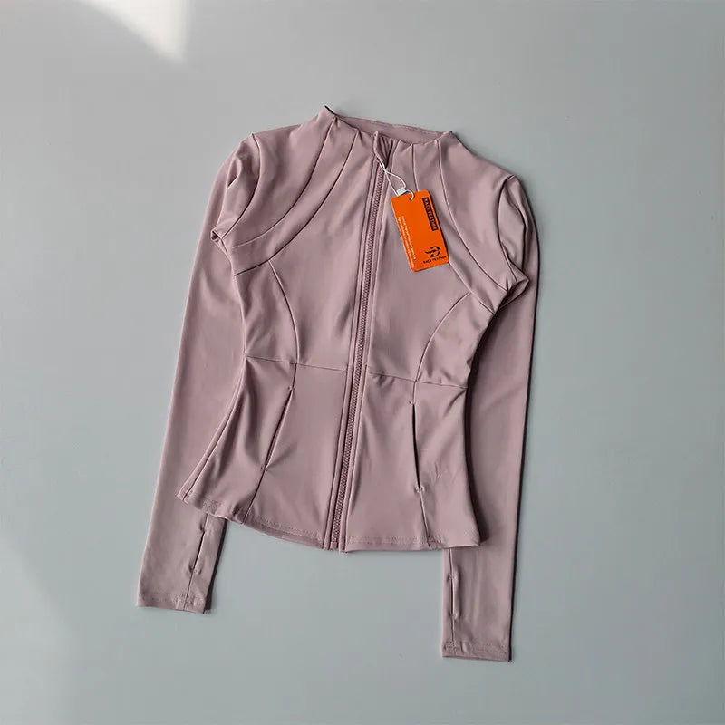 Veste de sport à manches longues pour femme, coupe ajustée, yoga, séchage rapide, cardigan zippé, col montant, course, fitness
