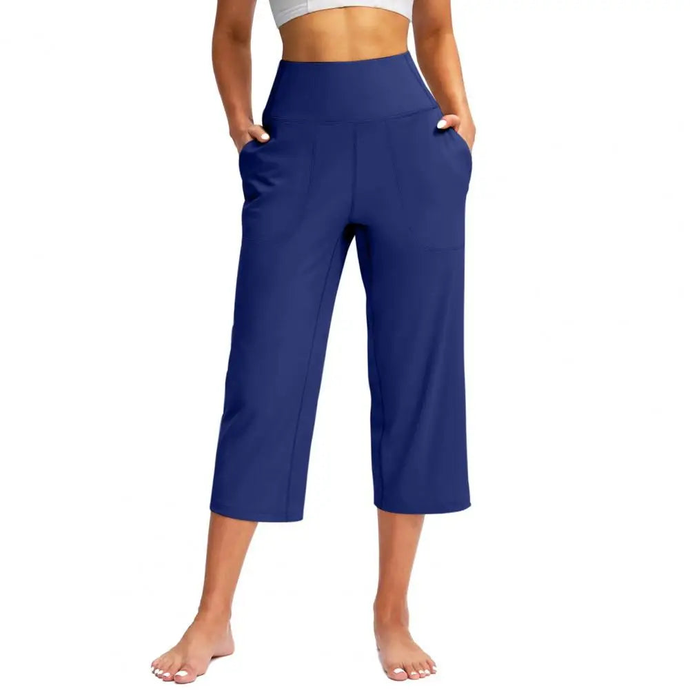 Pantacourt Élastique Taille Haute pour Femmes Coupe Ample Décontractée Jambe Large avec Poches Pantalon pour Femmes