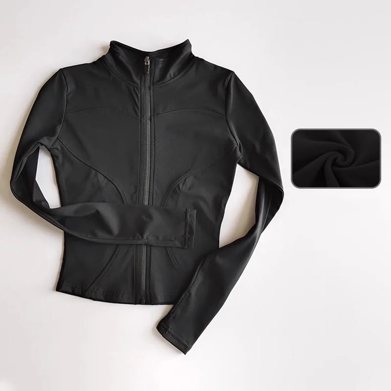 Veste de sport à manches longues pour femme, coupe ajustée, yoga, séchage rapide, cardigan zippé, col montant, course, fitness