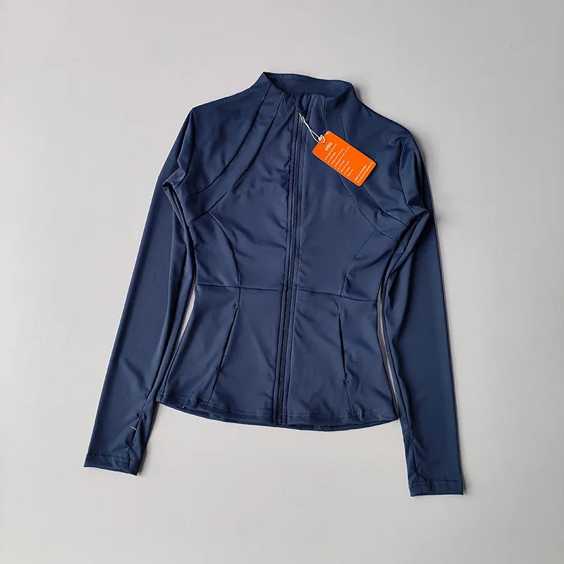 Veste de sport à manches longues pour femme, coupe ajustée, yoga, séchage rapide, cardigan zippé, col montant, course, fitness