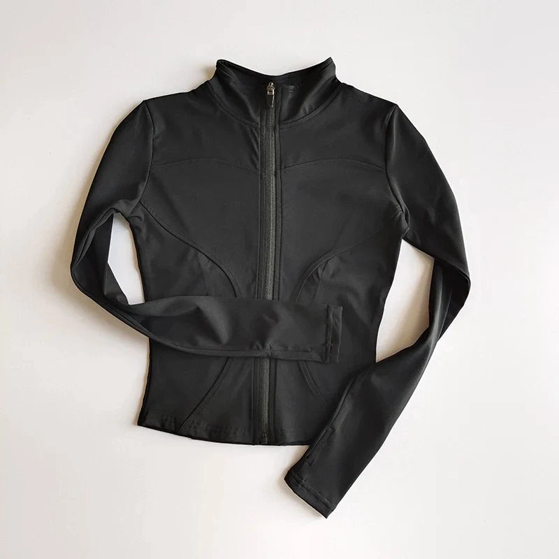Veste de sport à manches longues pour femme, coupe ajustée, yoga, séchage rapide, cardigan zippé, col montant, course, fitness