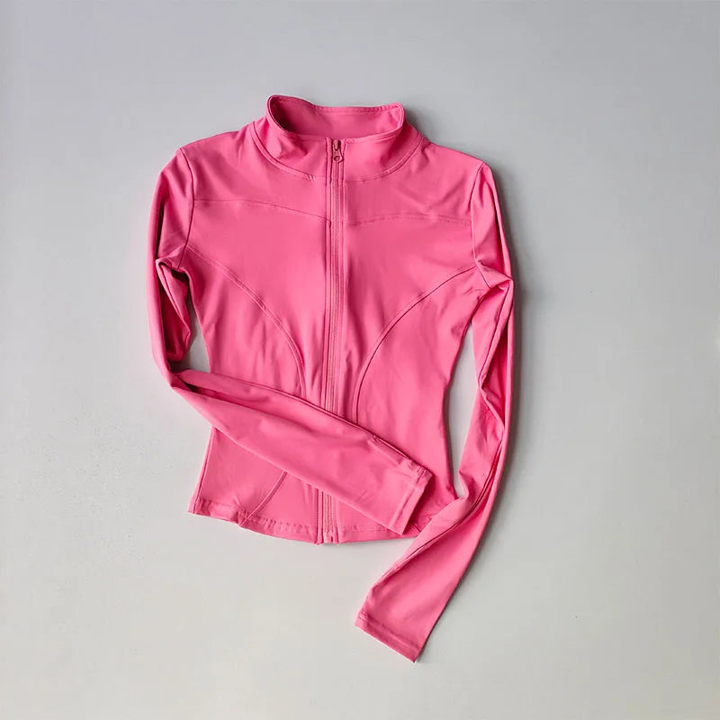 Veste de sport à manches longues pour femme, coupe ajustée, yoga, séchage rapide, cardigan zippé, col montant, course, fitness