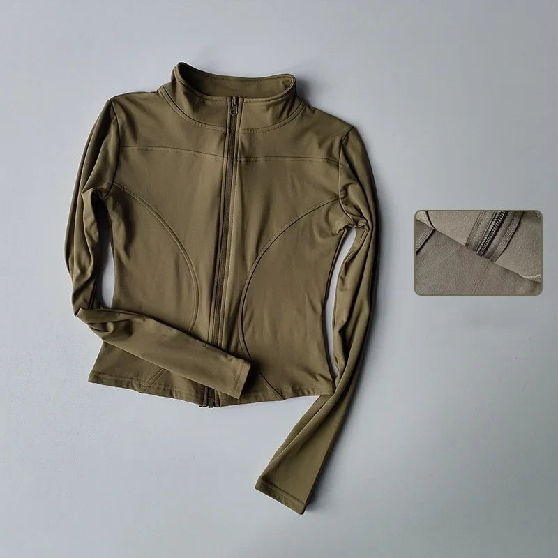 Veste de sport à manches longues pour femme, coupe ajustée, yoga, séchage rapide, cardigan zippé, col montant, course, fitness