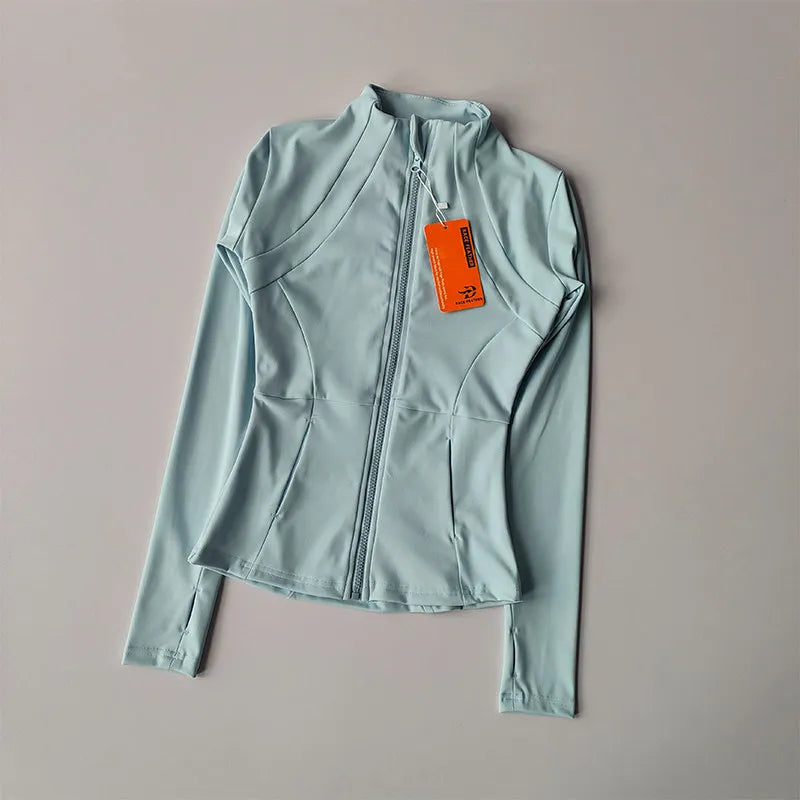 Veste de sport à manches longues pour femme, coupe ajustée, yoga, séchage rapide, cardigan zippé, col montant, course, fitness