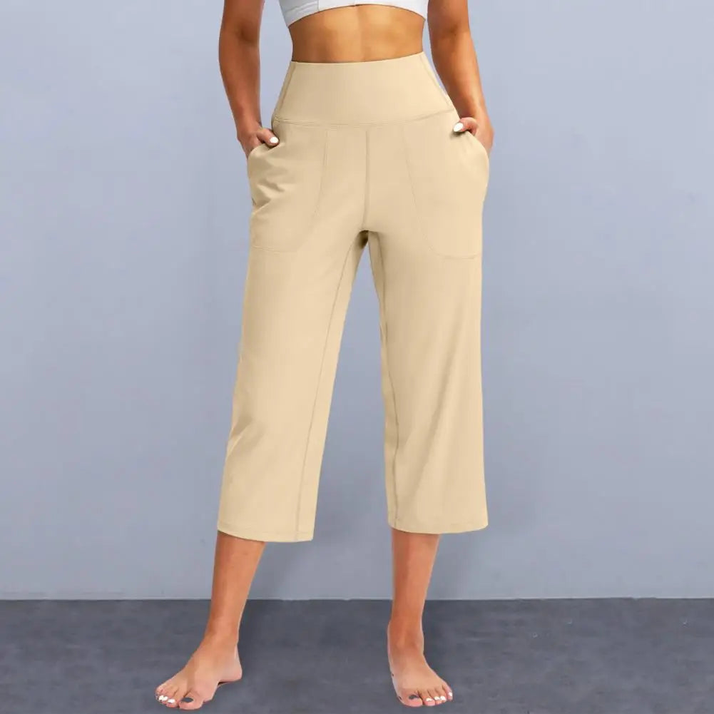 Pantacourt Élastique Taille Haute pour Femmes Coupe Ample Décontractée Jambe Large avec Poches Pantalon pour Femmes