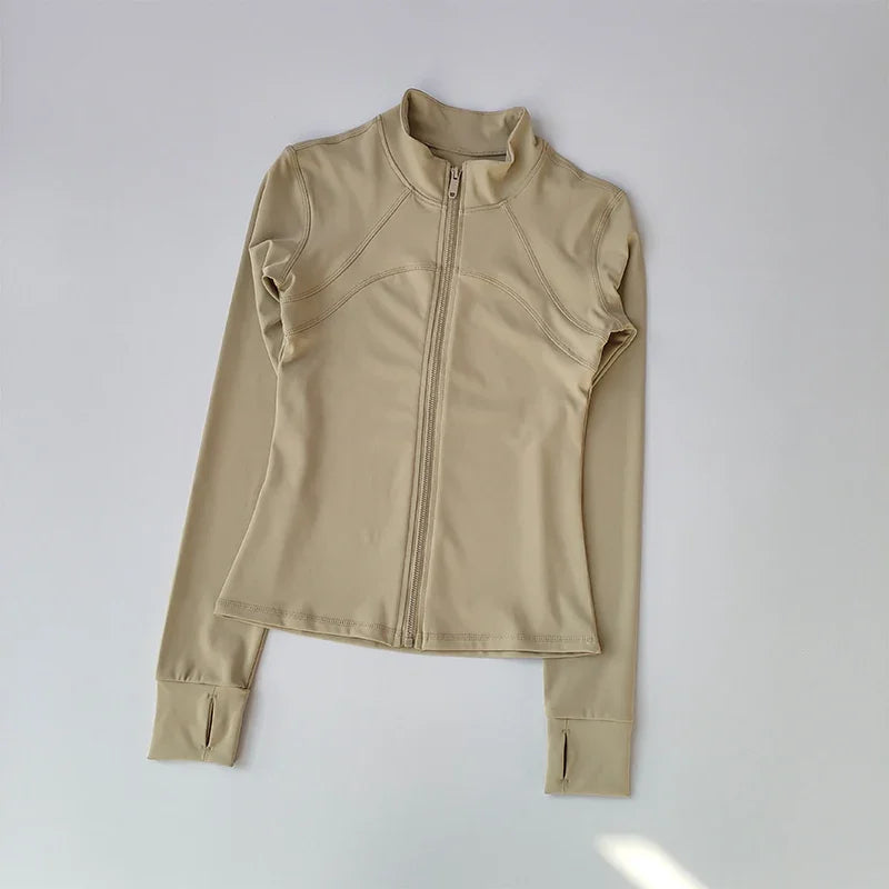 Veste de sport à manches longues pour femme, coupe ajustée, yoga, séchage rapide, cardigan zippé, col montant, course, fitness