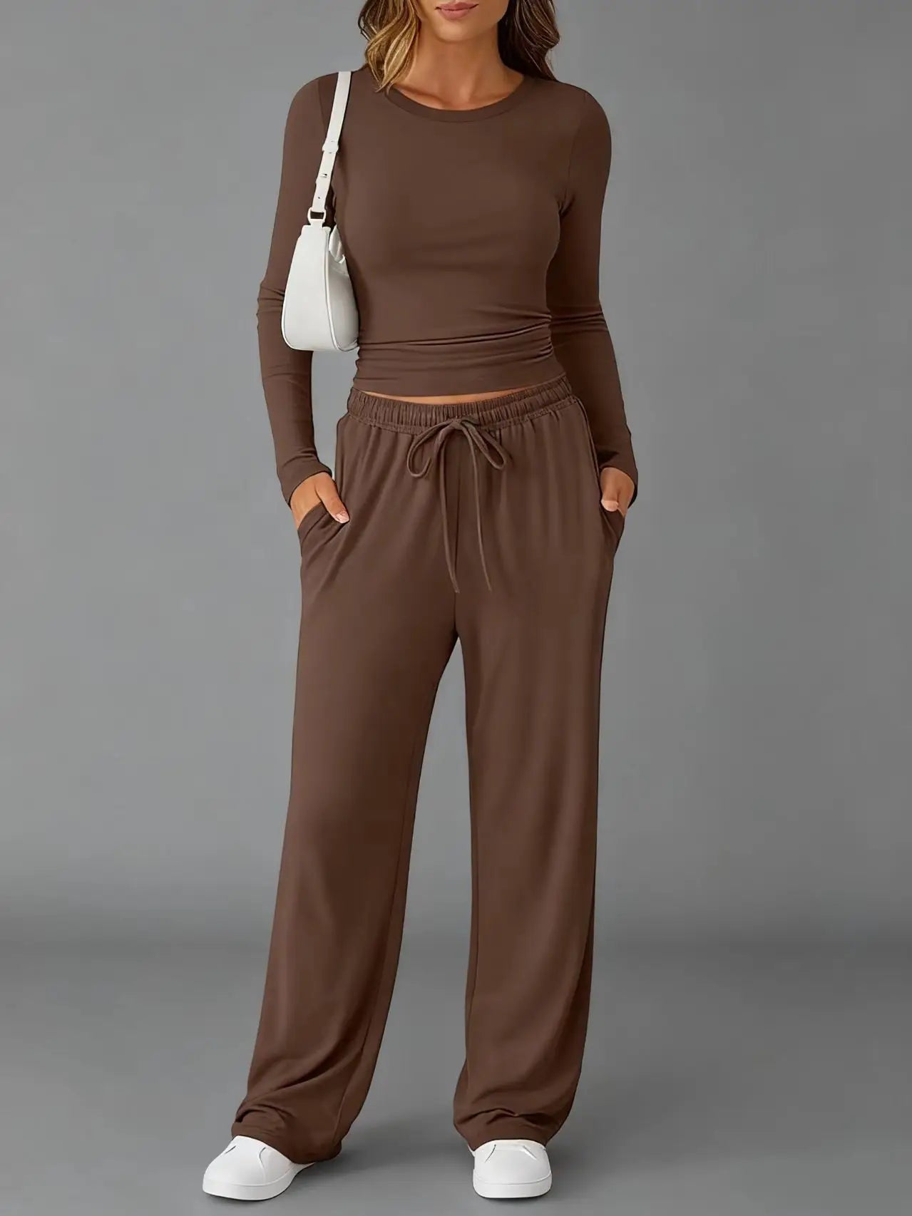 Ensemble de survêtement pour femme, mode européenne et américaine, décontracté, sport, automne hiver, couleur unie, cordon de serrage, manches longues