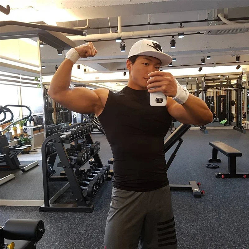 Débardeur de compression sans manches pour hommes, vêtement de sport moulant, musculation, fitness, gilet de sport pour hommes, débardeur homme musclé