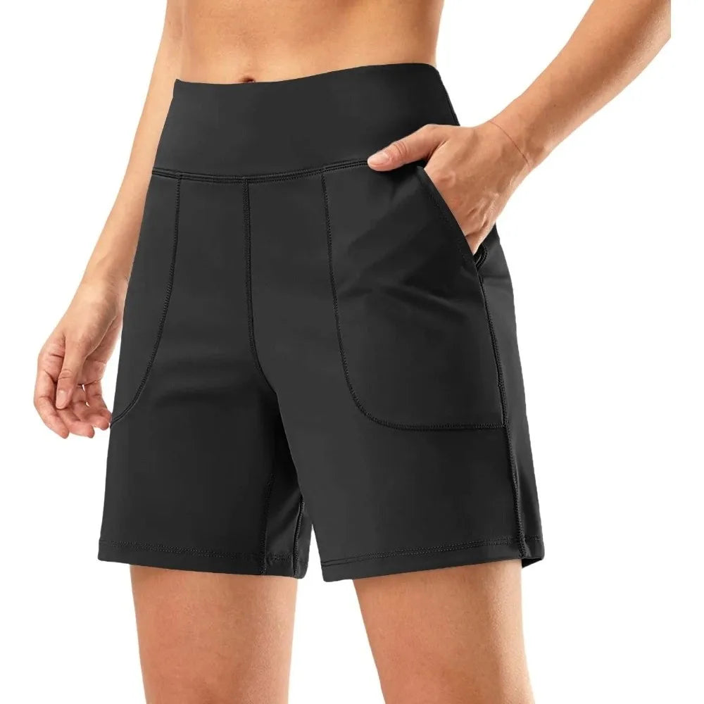 Shorts de sport femme taille élastique, shorts de running taille haute, séchage rapide, confortables et respirants pour le yoga et l'entraînement.