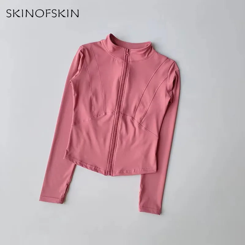 Veste de sport à manches longues pour femme, coupe ajustée, yoga, séchage rapide, cardigan zippé, col montant, course, fitness