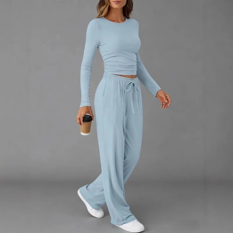 Ensemble de survêtement pour femme, mode européenne et américaine, décontracté, sport, automne hiver, couleur unie, cordon de serrage, manches longues