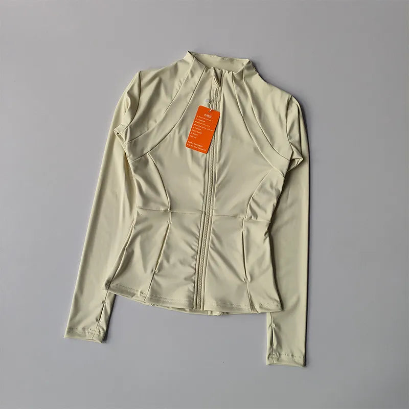 Veste de sport à manches longues pour femme, coupe ajustée, yoga, séchage rapide, cardigan zippé, col montant, course, fitness