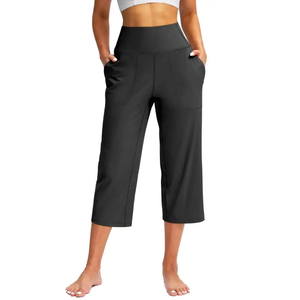 Pantacourt Élastique Taille Haute pour Femmes Coupe Ample Décontractée Jambe Large avec Poches Pantalon pour Femmes