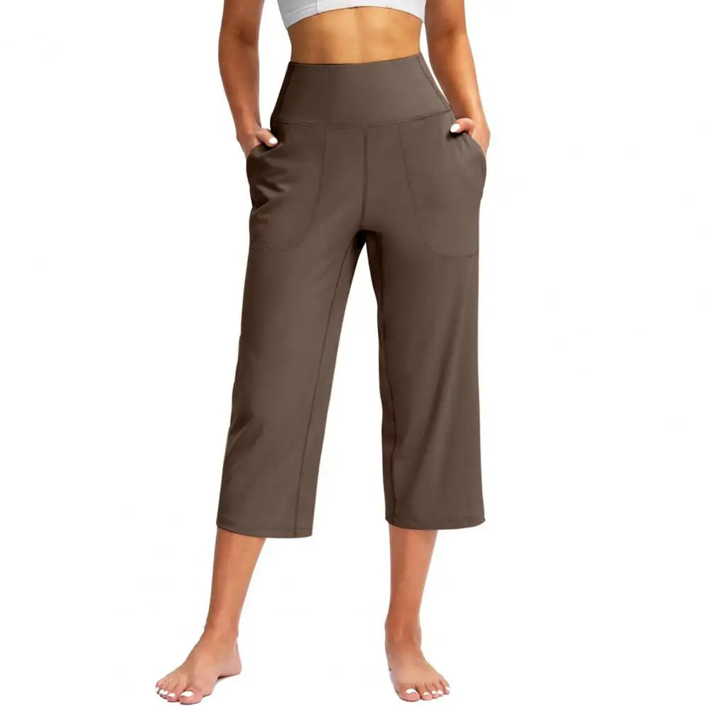 Pantacourt Élastique Taille Haute pour Femmes Coupe Ample Décontractée Jambe Large avec Poches Pantalon pour Femmes