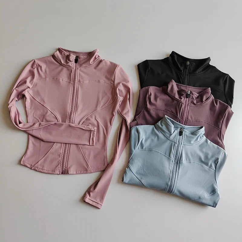 Veste de sport à manches longues pour femme, coupe ajustée, yoga, séchage rapide, cardigan zippé, col montant, course, fitness