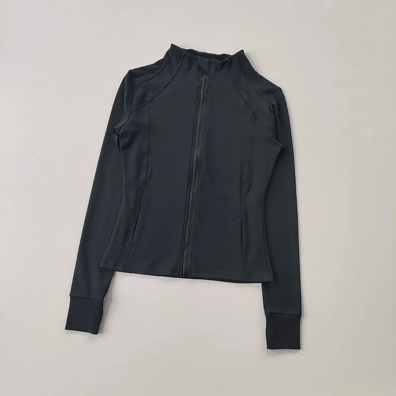 Veste de sport à manches longues pour femme, coupe ajustée, yoga, séchage rapide, cardigan zippé, col montant, course, fitness