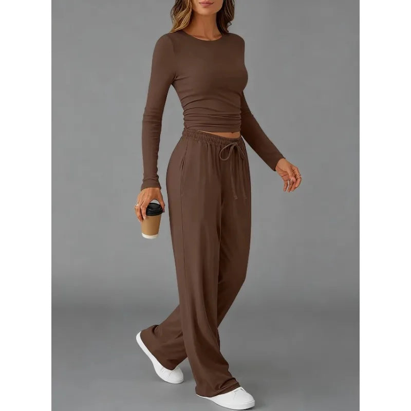 Ensemble de survêtement pour femme, mode européenne et américaine, décontracté, sport, automne hiver, couleur unie, cordon de serrage, manches longues