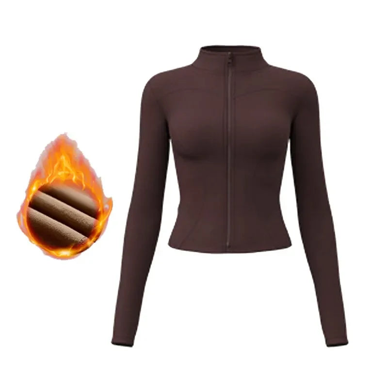 Veste de sport à manches longues pour femme, coupe ajustée, yoga, séchage rapide, cardigan zippé, col montant, course, fitness
