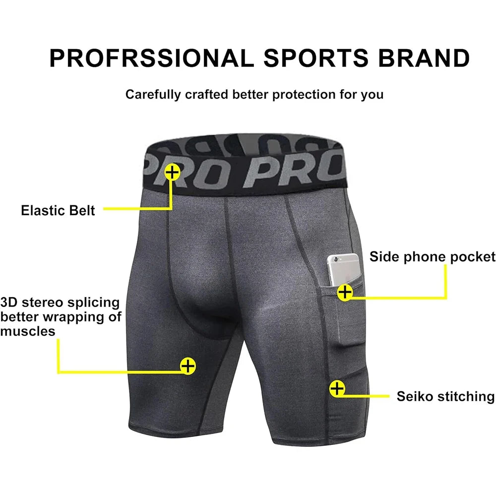 Shorts de sport pour hommes avec poches Leggings de compression d'entraînement pour hommes Caleçons en polyester pour hommes Collants athlétiques de course de basket-ball