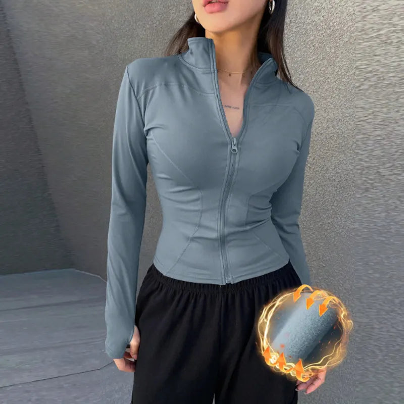 Veste de sport à manches longues pour femme, coupe ajustée, yoga, séchage rapide, cardigan zippé, col montant, course, fitness