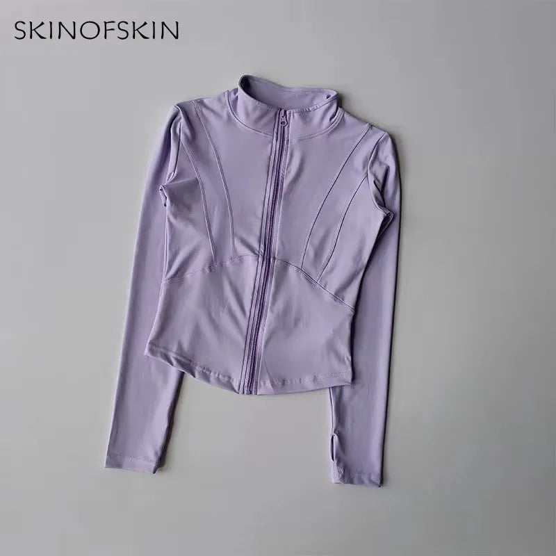 Veste de sport à manches longues pour femme, coupe ajustée, yoga, séchage rapide, cardigan zippé, col montant, course, fitness