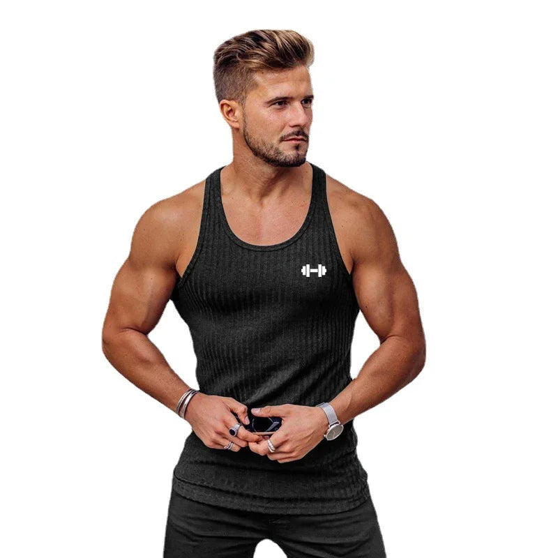 Débardeurs de fitness pour hommes, musculation, coupe ajustée, sans manches, chemise d'entraînement, mode, rayures verticales, tricoté, séchage rapide