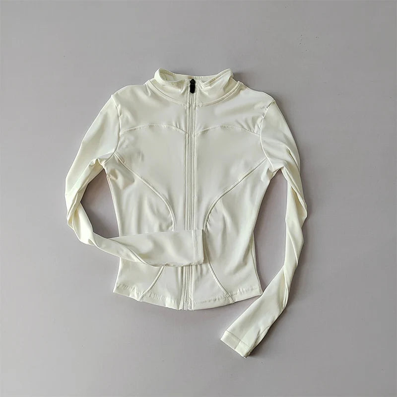 Veste de sport à manches longues pour femme, coupe ajustée, yoga, séchage rapide, cardigan zippé, col montant, course, fitness