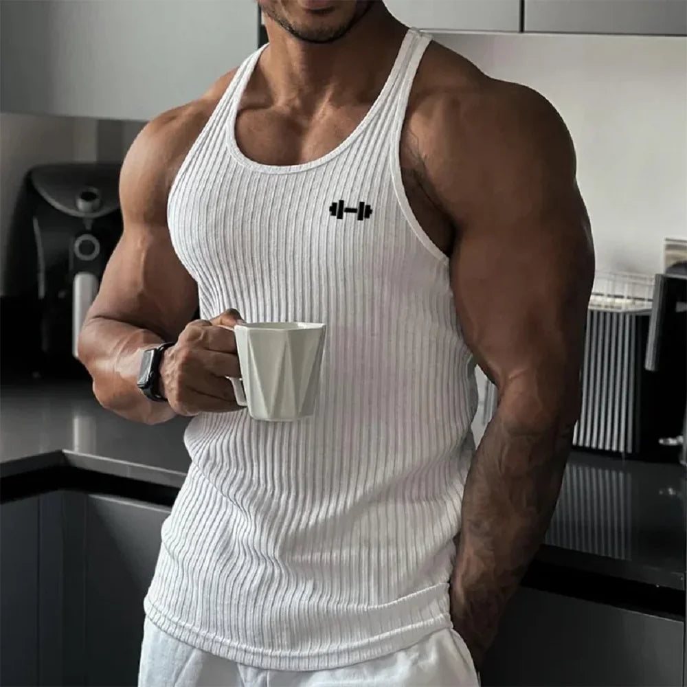 Débardeurs de fitness pour hommes, musculation, coupe ajustée, sans manches, chemise d'entraînement, mode, rayures verticales, tricoté, séchage rapide
