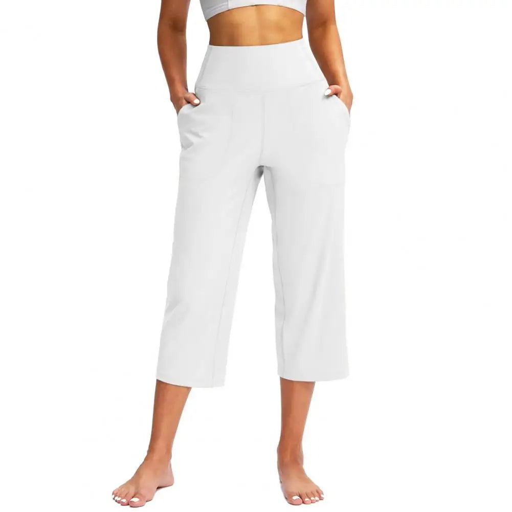 Pantacourt Élastique Taille Haute pour Femmes Coupe Ample Décontractée Jambe Large avec Poches Pantalon pour Femmes