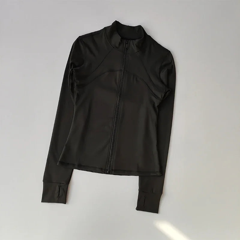 Veste de sport à manches longues pour femme, coupe ajustée, yoga, séchage rapide, cardigan zippé, col montant, course, fitness