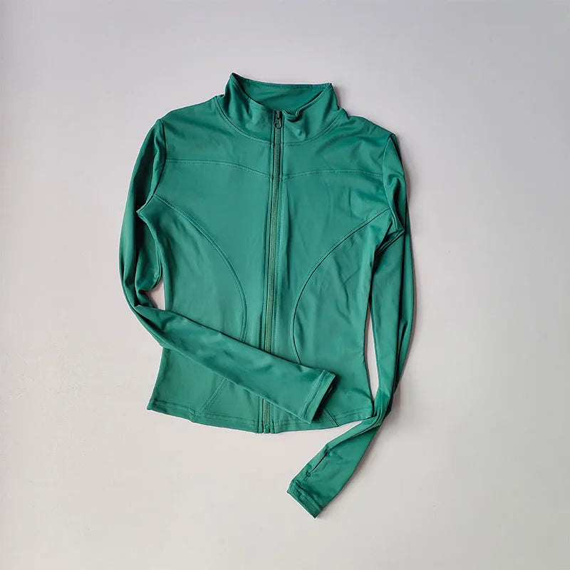 Veste de sport à manches longues pour femme, coupe ajustée, yoga, séchage rapide, cardigan zippé, col montant, course, fitness