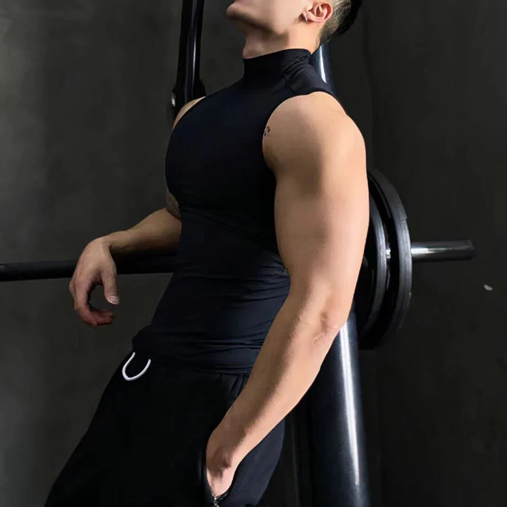 Débardeur de sport sans manches pour homme, gilet de musculation moulant, t-shirt de fitness pour homme musclé, survêtement de sport, col montant