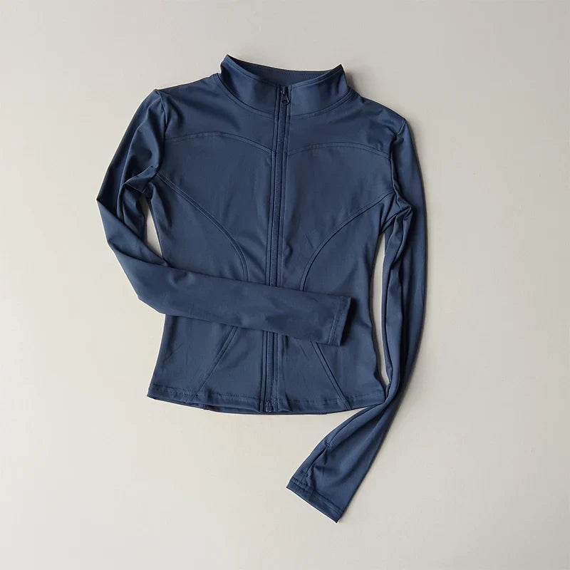 Veste de sport à manches longues pour femme, coupe ajustée, yoga, séchage rapide, cardigan zippé, col montant, course, fitness
