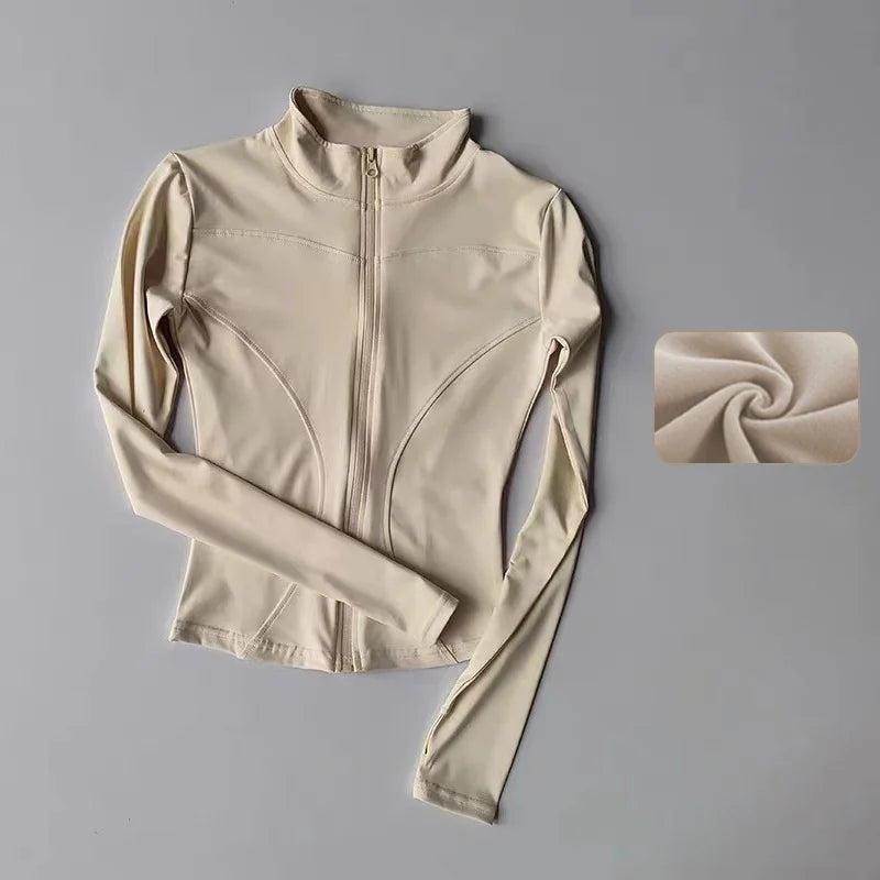 Veste de sport à manches longues pour femme, coupe ajustée, yoga, séchage rapide, cardigan zippé, col montant, course, fitness