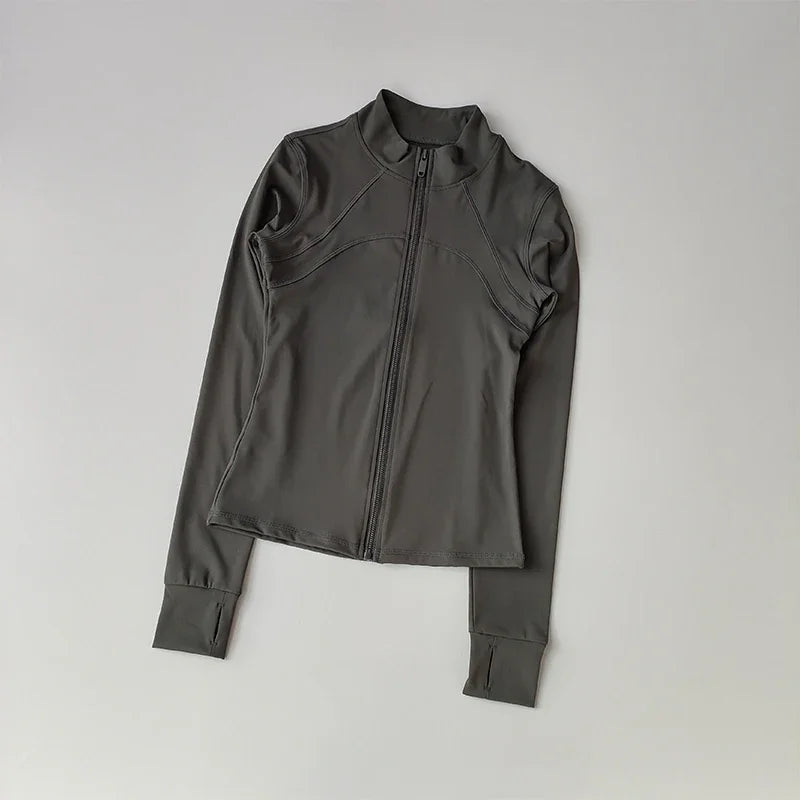 Veste de sport à manches longues pour femme, coupe ajustée, yoga, séchage rapide, cardigan zippé, col montant, course, fitness