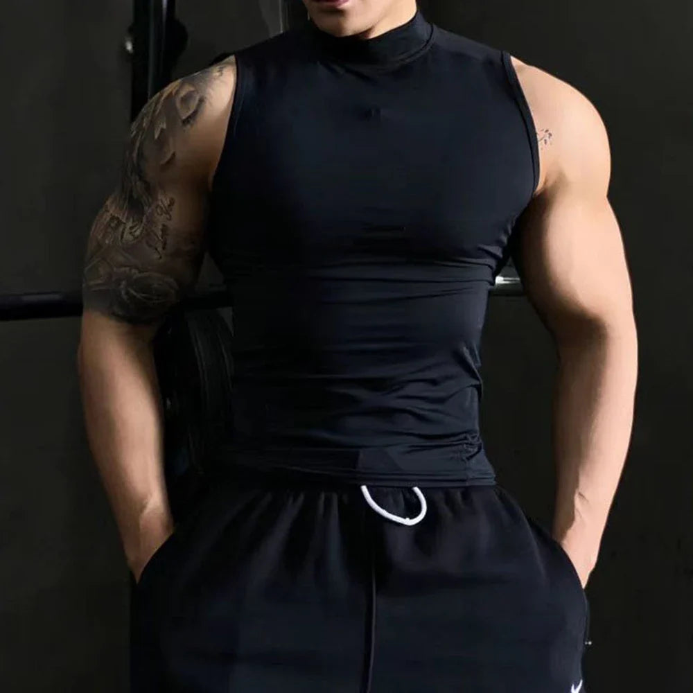 Débardeur de sport sans manches pour homme, gilet de musculation moulant, t-shirt de fitness pour homme musclé, survêtement de sport, col montant