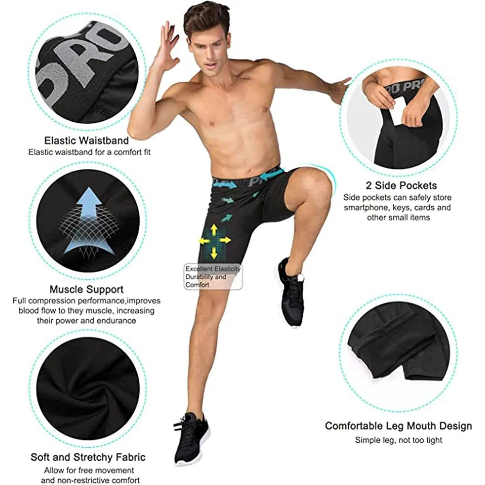 Shorts de sport pour hommes avec poches Leggings de compression d'entraînement pour hommes Caleçons en polyester pour hommes Collants athlétiques de course de basket-ball