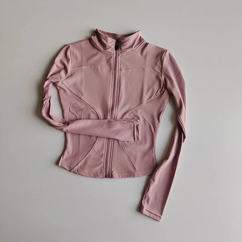 Veste de sport à manches longues pour femme, coupe ajustée, yoga, séchage rapide, cardigan zippé, col montant, course, fitness