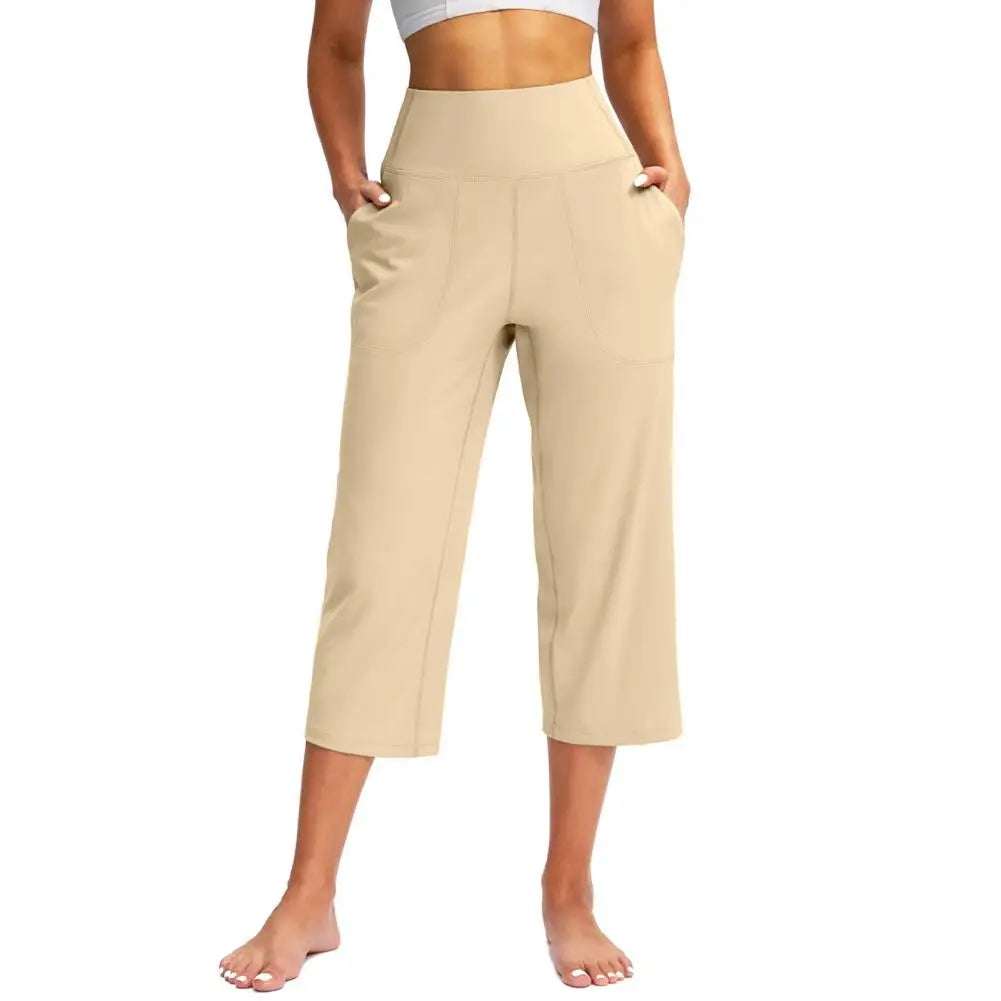 Pantacourt Élastique Taille Haute pour Femmes Coupe Ample Décontractée Jambe Large avec Poches Pantalon pour Femmes