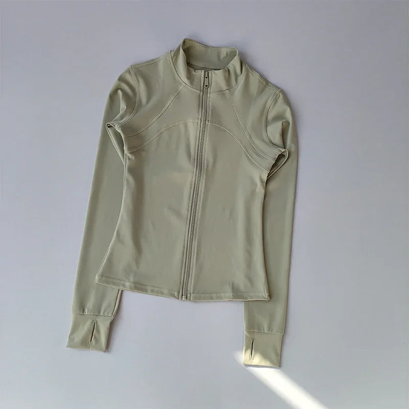 Veste de sport à manches longues pour femme, coupe ajustée, yoga, séchage rapide, cardigan zippé, col montant, course, fitness